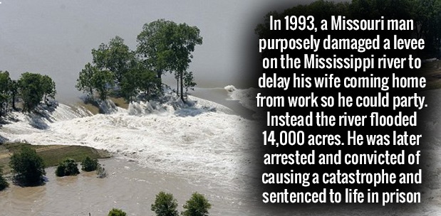 water resources - In 1993, a Missouri man purposely damaged a levee on the Mississippi river to delay his wife coming home from work so he could party. Instead the river flooded 14,000 acres. He was later arrested and convicted of causing a catastrophe an