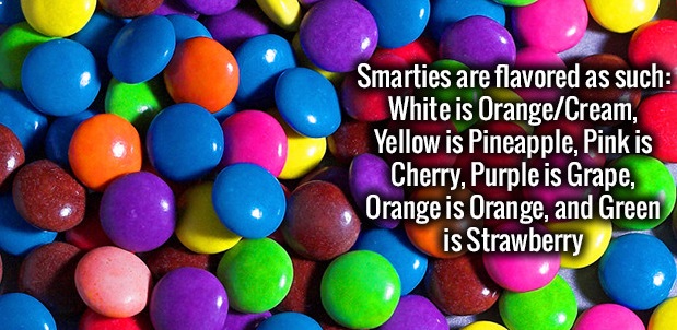 colour smarties - Smarties are flavored as such White is OrangeCream, Yellow is Pineapple, Pink is Cherry, Purple is Grape, Orange is Orange, and Green is Strawberry