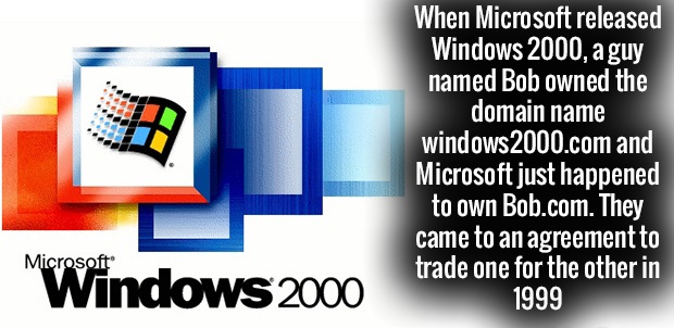 different type of operating system - When Microsoft released Windows 2000, aguy named Bob owned the domain name windows 2000.com and Microsoft just happened to own Bob.com. They came to an agreement to trade one for the other in 1999 Microsoft Windows 200