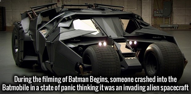 ben affleck batmobile - During the filming of Batman Begins, someone crashed into the Batmobile in a state of panic thinking it was an invading alien spacecraft