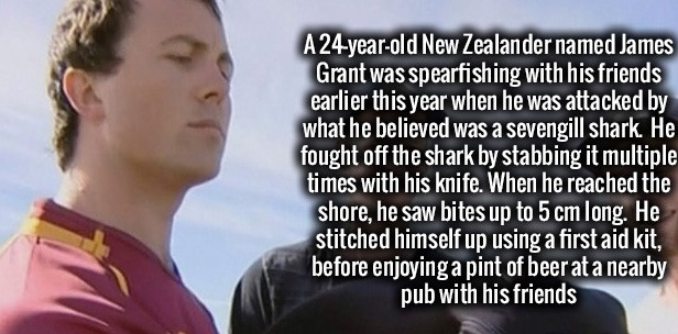photo caption - A 24vearold New Zealander named James Grant was spearfishing with his friends earlier this year when he was attacked by what he believed was a sevengill shark. He fought off the shark by stabbing it multiple times with his knife. When he r
