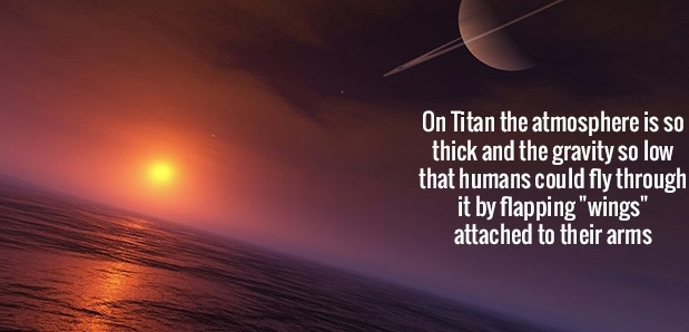 atmosphere - On Titan the atmosphere is so thick and the gravity so low that humans could fly through it by flapping "wings" attached to their arms