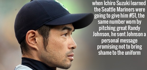 cap - when Ichiro Suzuki learned the Seattle Mariners were going to give him , the same number worn by pitching great Randy Johnson, he sent Johnson a personal message promising not to bring shame to the uniform