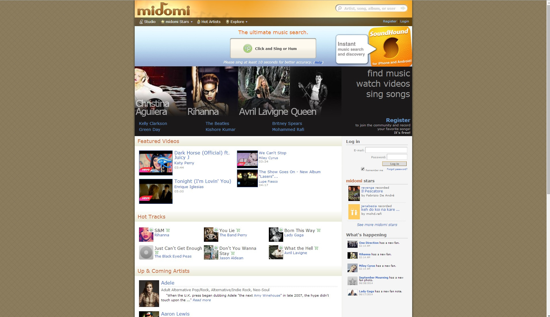 <a href="http://www.midomi.com" target="_blank">midomi.com</a> - Search for music using your voice by singing or humming.