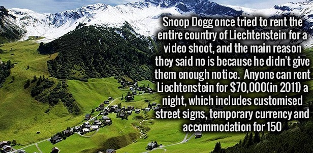 nature - Snoop Dogg once tried to rent the entire country of Liechtenstein for a video shoot, and the main reason they said no is because he didn't give them enough notice. Anyone can rent Liechtenstein for $70,000in 2011 a night, which includes customise