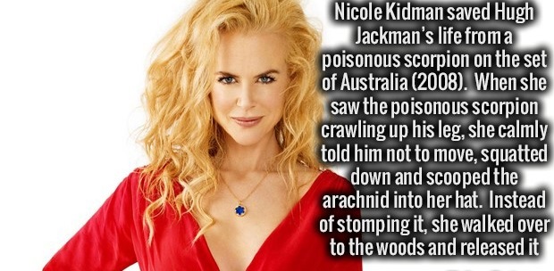 blond - Nicole Kidman saved Hugh Jackman's life froma poisonous scorpion on the set of Australia 2008. When she saw the poisonous scorpion crawling up his leg, she calmly told him not to move, squatted down and scooped the arachnid into her hat. Instead o