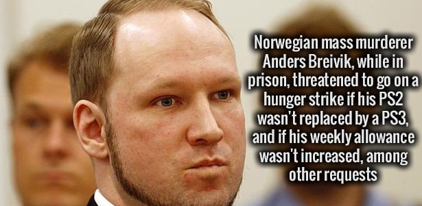 photo caption - Norwegian mass murderer Anders Breivik, while in prison, threatened to go on a hunger strike if his PS2 wasn't replaced by a PS3, and if his weekly allowance wasn't increased, among other requests