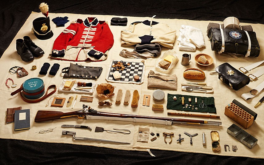 1815 private soldier, Battle of Waterloo. Kit issued to soldiers fighting in the Battle of Waterloo included a pewter tankard and a draughts set.