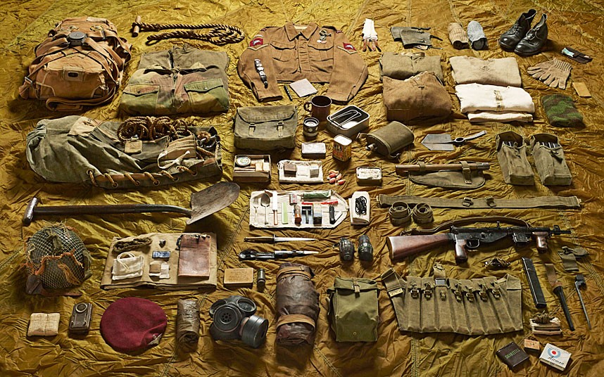 1944 lance corporal, Parachute Brigade, Battle of Arnhem. Each photograph shows a soldiers world condensed into a pared-down manifest of defences, provisions and distractions. There is the formal as issued by the quartermaster and armourer and the personal timepieces, crucifixes, combs and shaving brushes.