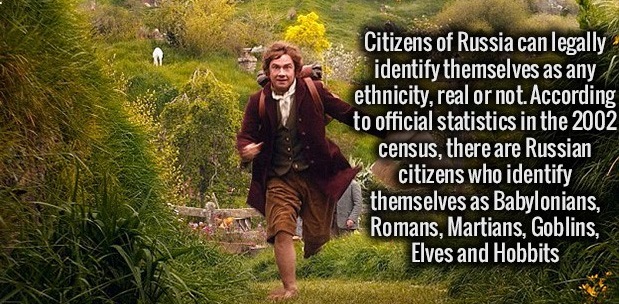 nature - Citizens of Russia can legally identify themselves as any l ethnicity, real or not. According to official statistics in the 2002 census, there are Russian citizens who identify themselves as Babylonians, Romans, Martians, Goblins, Elves and Hobbi
