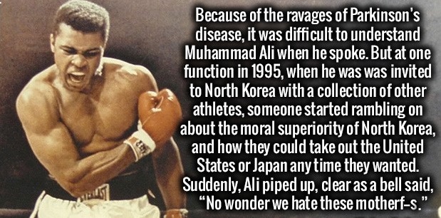 boxer muhammad ali quotes - Because of the ravages of Parkinson's disease, it was difficult to understand Muhammad Ali when he spoke. But at one function in 1995, when he was was invited to North Korea with a collection of other athletes, someone started 