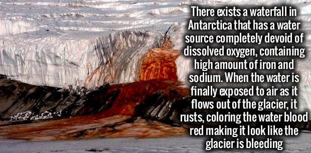 water - There exists a waterfall in Antarctica that has a water source completely devoid of dissolved oxygen, containing high amount of iron and sodium. When the water is finally exposed to air as it flows out of the glacier, it rusts, coloring the water 
