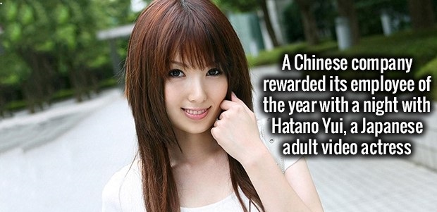 A Chinese company rewarded its employee of the year with a night with Hatano Yui, a Japanese adult video actress