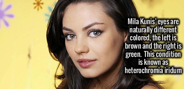 beauty - Mila Kunis' eyes are naturally different colored, the left is brown and the right is green. This condition is known as heterochromia iridum
