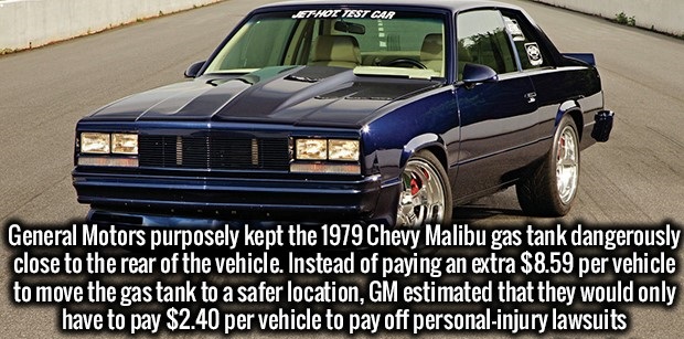 rim - JetHot Tzst Car General Motors purposely kept the 1979 Chevy Malibu gas tank dangerously close to the rear of the vehicle. Instead of paying an extra $8.59 per vehicle to move the gas tank to a safer location, Gm estimated that they would only have 