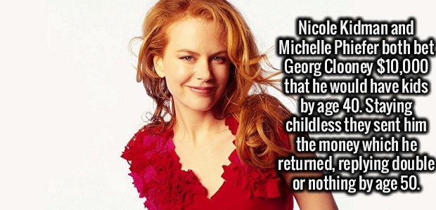 nicole kidman - Nicole Kidman and Michelle Phiefer both bet Georg Clooney $10,000 that he would have kids by age 40. Staying childless they sent him the money which he returned, ing double or nothing by age 50.