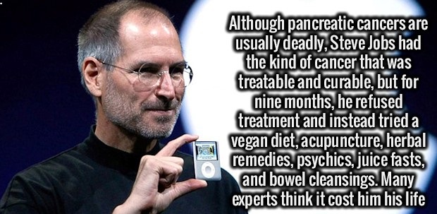 fact photo caption - Although pancreatic cancers are usually deadly, Steve Jobs had the kind of cancer that was treatable and curable, but for nine months, he refused treatment and instead tried a vegan diet, acupuncture, herbal remedies, psychics