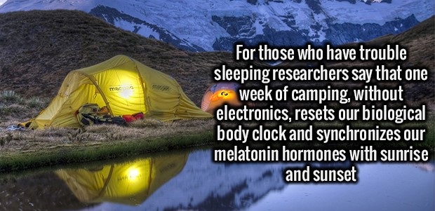 Camping - For those who have trouble sleeping researchers say that one week of camping, without electronics, resets our biological body clock and synchronizes our melatonin hormones with sunrise and sunset
