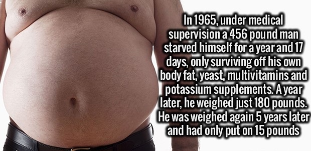 abdomen - In 1965, under medical supervision a 456 pound man starved himself for a year and 17 days, only surviving off his own body fat, yeast, multivitamins and I potassium supplements. A year later, he weighed just 180 pounds. He was weighed again 5 ye