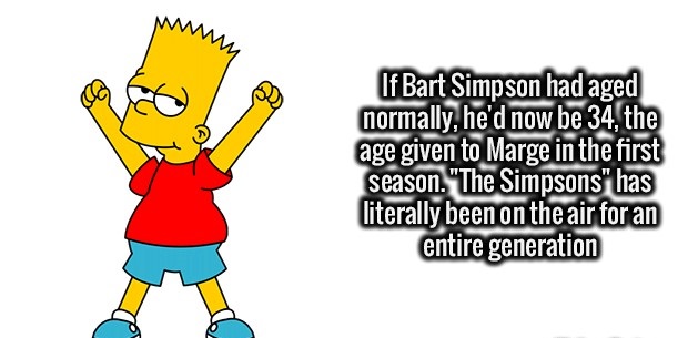 useless facts about the simpsons - M If Bart Simpson had aged normally, he'd now be 34, the age given to Marge in the first season."The Simpsons" has literally been on the air for an entire generation