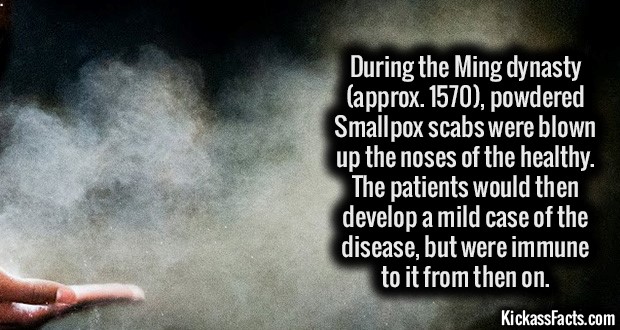 photo caption - During the Ming dynasty approx. 1570, powdered Smallpox scabs were blown up the noses of the healthy. The patients would then develop a mild case of the disease, but were immune to it from then on. KickassFacts.com