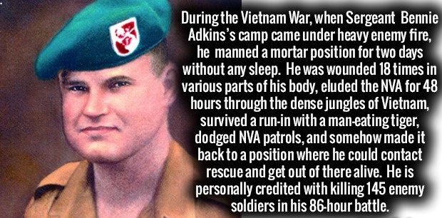 photo caption - During the Vietnam War, when Sergeant Bennie Adkins's camp came under heavy enemy fire, he manned a mortar position for two days without any sleep. He was wounded 18 times in various parts of his body, eluded the Nva for 48 'hours through 