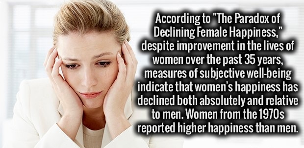shoulder - According to "The Paradox of Declining Female Happiness, despite improvement in the lives of women over the past 35 years, measures of subjective wellbeing indicate that women's happiness has declined both absolutely and relative to men. Women 