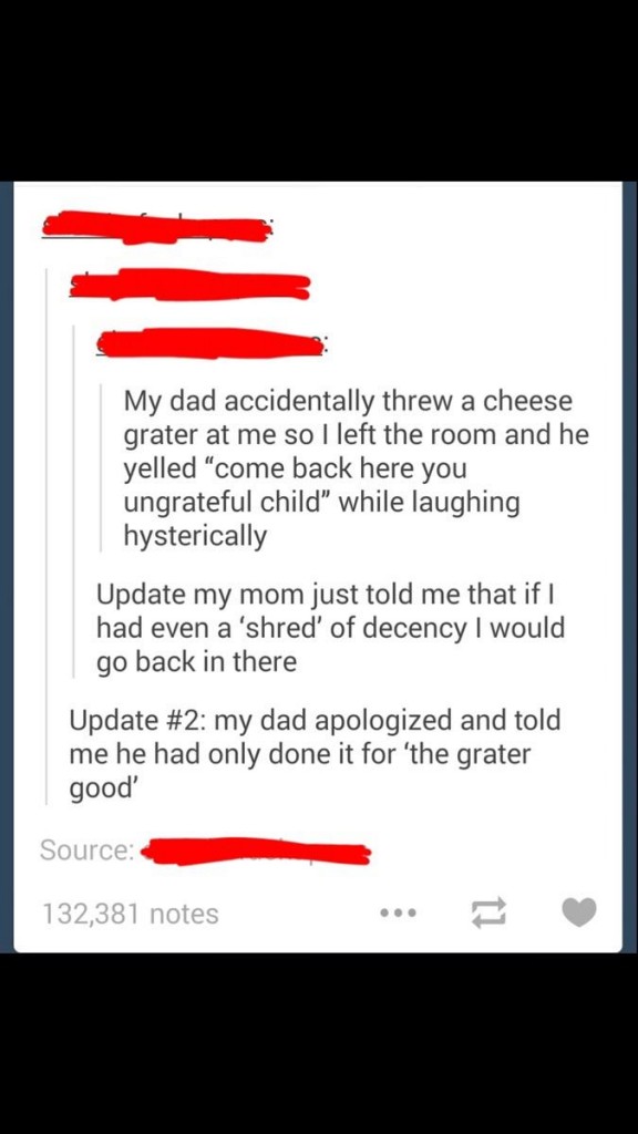 diagram - My dad accidentally threw a cheese grater at me so I left the room and he yelled "come back here you ungrateful child while laughing hysterically Update my mom just told me that if | had even a 'shred' of decency I would go back in there Update 
