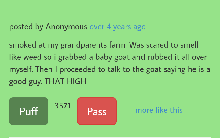 grass - posted by Anonymous over 4 years ago smoked at my grandparents farm. Was scared to smell weed so i grabbed a baby goat and rubbed it all over myself. Then I proceeded to talk to the goat saying he is a good guy. That High 3571 Puff Pass more this