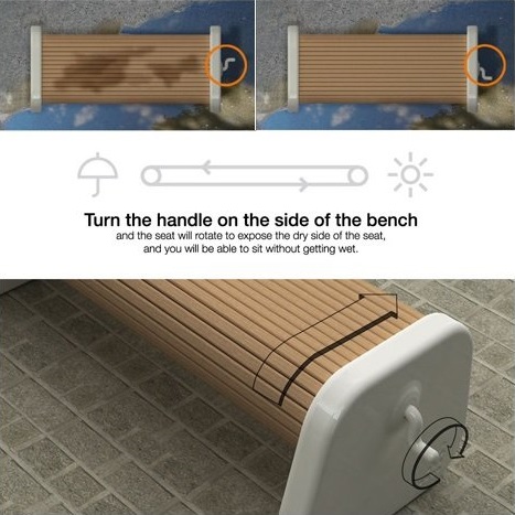 rolling bench - Turn the handle on the side of the bench and the seat will rotate to expose the dry side of the seat, and you will be able to sit without getting wet.
