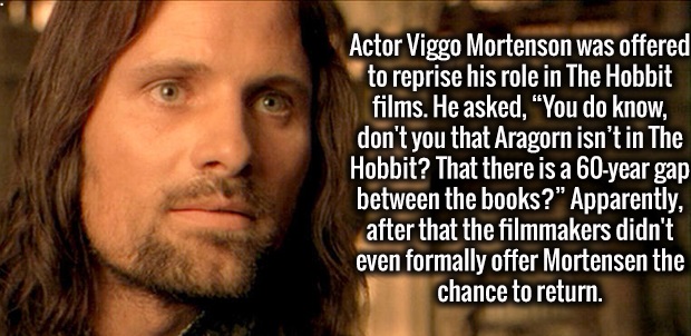 beard - Actor Viggo Mortenson was offered to reprise his role in The Hobbit films. He asked, "You do know, don't you that Aragorn isn't in The Hobbit? That there is a 60year gap between the books?" Apparently, after that the filmmakers didn't even formall