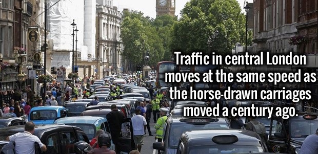 street - Traffic in central London moves at the same speed as the horsedrawn carriages moved a century ago.