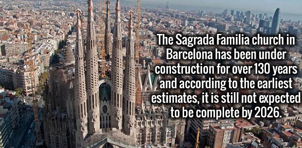 The Sagrada Familia church in Barcelona has been under construction for over 130 years and according to the earliest estimates, it is still not expected to be complete by 2026. S