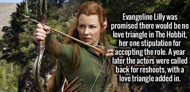 lord of the rings elf bow - Evangeline Lilly was promised there would be no love triangle in The Hobbit, her one stipulation for accepting the role. A year later the actors were called back for reshoots, with a love triangle added in.