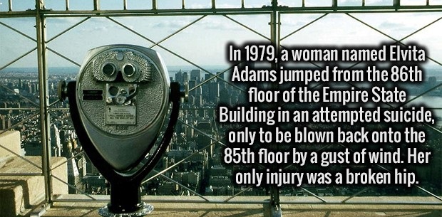 new york city - In 1979, a woman named Elvita Adams jumped from the 86th floor of the Empire State Building in an attempted suicide, only to be blown back onto the 85th floor by a gust of wind. Her only injury was a broken hip.