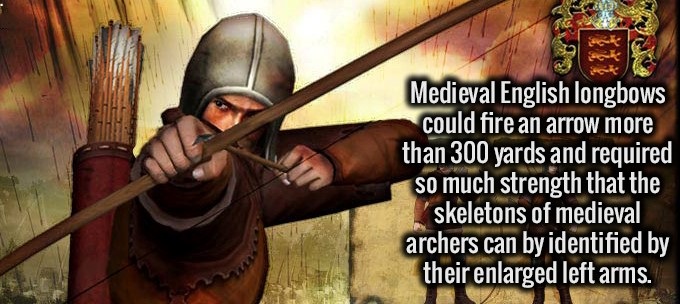 English longbow - Medieval English longbows could fire an arrow more than 300 yards and required so much strength that the skeletons of medieval archers can by identified by their enlarged left arms.