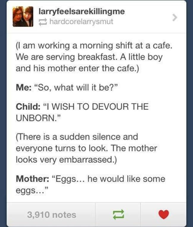 screenshot - A larryfeelsarekillingme hardcorelarrysmut I am working a morning shift at a cafe. We are serving breakfast. A little boy and his mother enter the cafe. Me "So, what will it be? Child "I Wish To Devour The Unborn." There is a sudden silence a