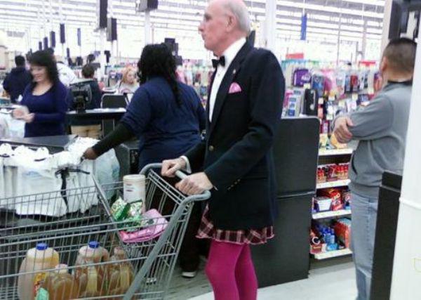 Weird elderly man at Walmart wearing tights and a suit coat