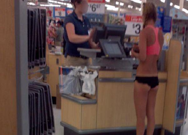 Weird people of walmart a girl wearing tiny underwear paying for something