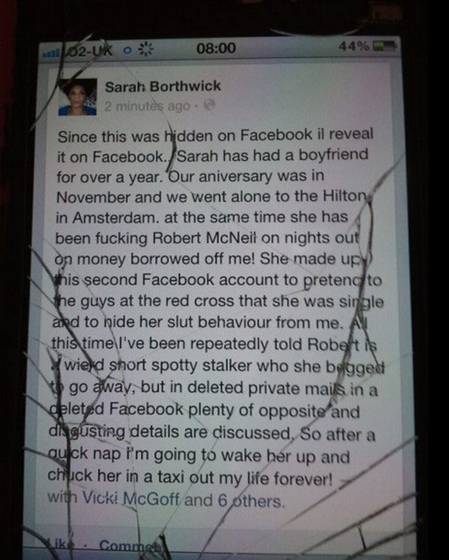 get revenge on cheating girlfriend - 02Uk o 44% Sarah Borthwick 2 minutes ago Since this was hidden on Facebook il reveal it on Facebook. Sarah has had a boyfriend for over a year. Our aniversary was in November and we went alone to the Hilton in Amsterda