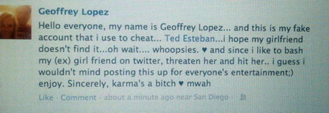 document - Geoffrey Lopez Hello everyone, my name is Geoffrey Lopez... and this is my fake account that i use to cheat... Ted Esteban... i hope my girlfriend doesn't find it...oh wait.... whoopsies, and since i to bash my ex girl friend on twitter, threat
