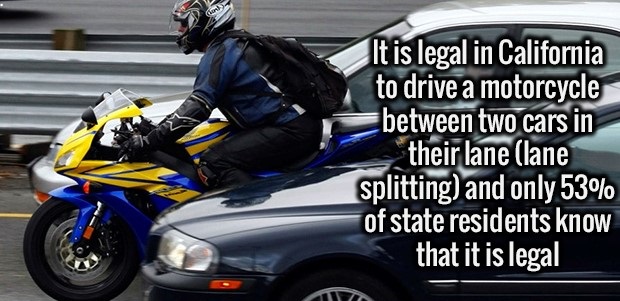 motorcycling - It is legal in California to drive a motorcycle between two cars in their lane lane splitting and only 53% of state residents know that it is legal