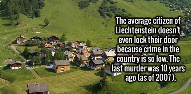 mountain village - The average citizen of Liechtenstein doesn't even lock their door because crime in the country is so low. The last murder was 10 years ago as of 2007.