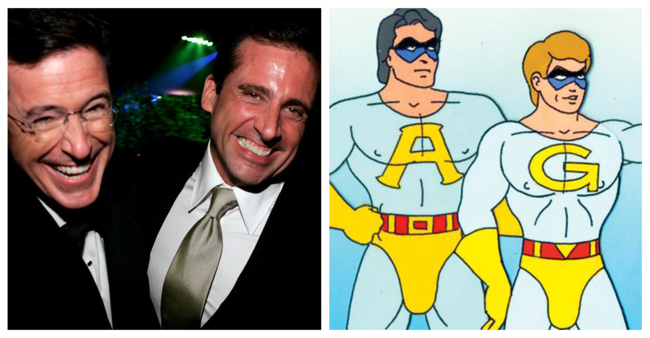 Steve Carrell and Stephen Colbert as the "Ambiguously Gay Duo."