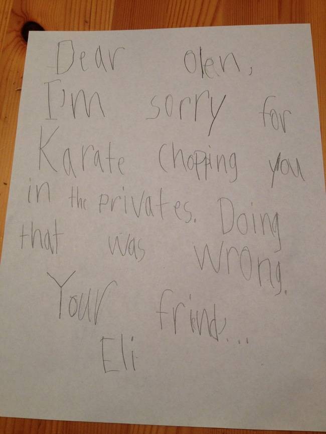 handwriting - Dear Olen I'm sorry Karate Chopping for you in the privates. Doin Youll frund