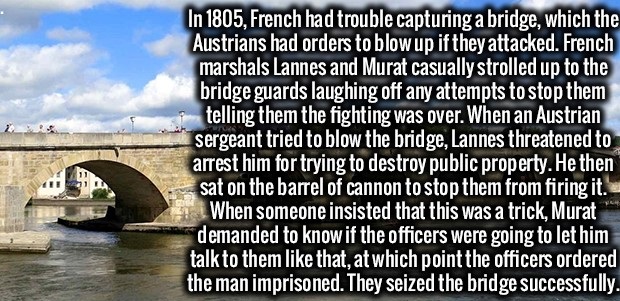 water resources - In 1805, French had trouble capturing a bridge, which the Austrians had orders to blow up if they attacked. French marshals Lannes and Murat casually strolled up to the bridge guards laughing off any attempts to stop them telling them th