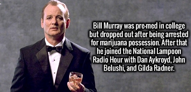 bill murray suntory time - Bill Murray was premed in college but dropped out after being arrested for marijuana possession. After that he joined the National Lampoon Radio Hour with Dan Aykroyd, John Belushi, and Gilda Radner.