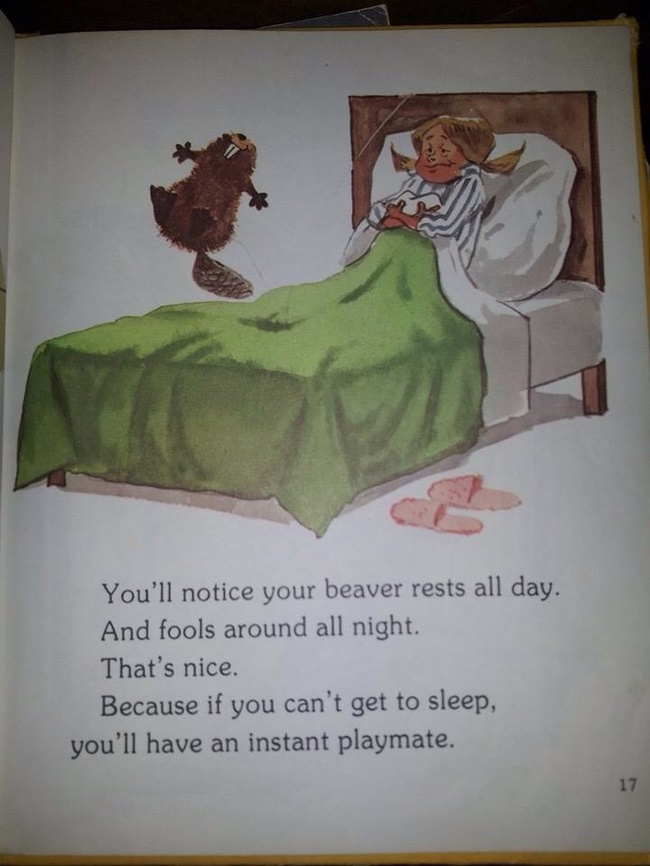 innuendo children's books - You'll notice your beaver rests all day. And fools around all night. That's nice. Because if you can't get to sleep, you'll have an instant playmate.