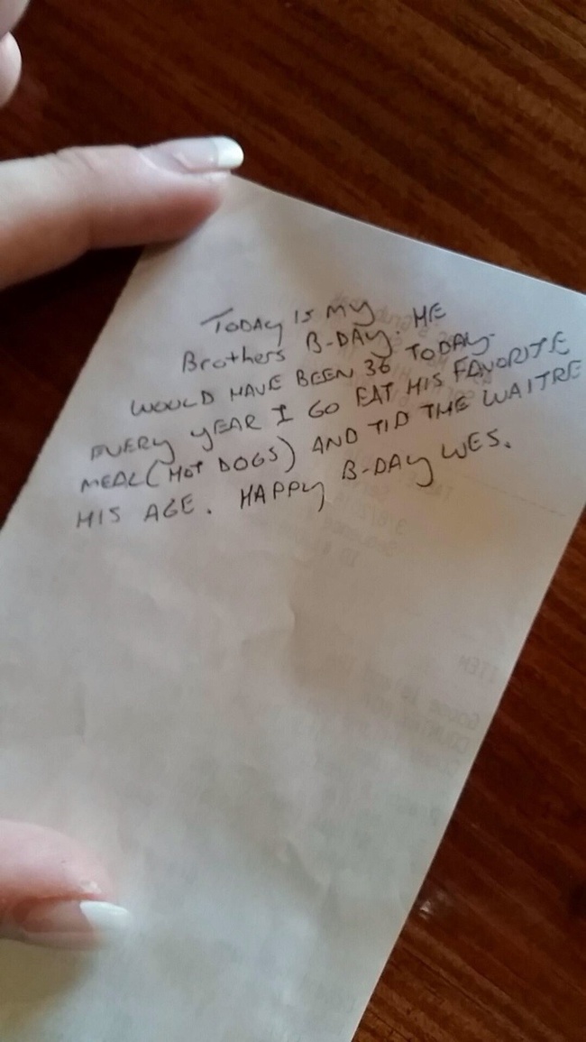When Claire went to bus the table, she was stunned to find he'd left her a $36 tip. But it wasn't until she flipped the receipt over and saw this note that she burst into tears.