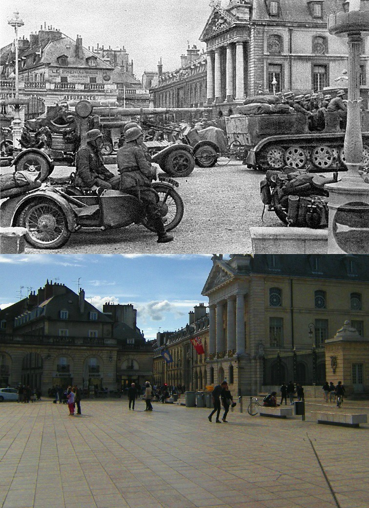 German troops gather in front of the Palace of the Dukes of Burgundy on June 17th, 1940.